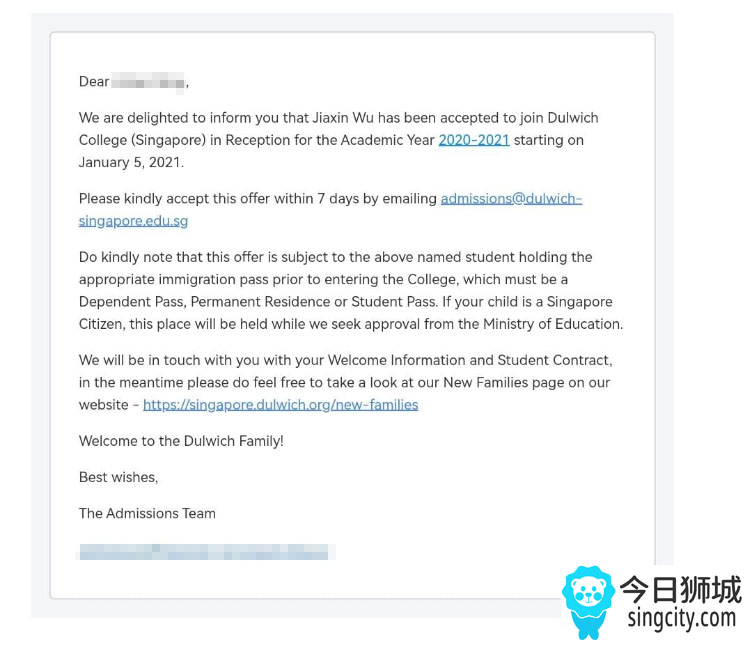 新加坡国际学校offer申请成功案例，Dulwich 国际留学生offer展示